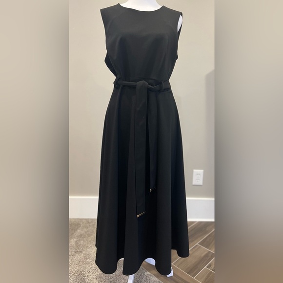 Calvin Klein size12 Belted Midi Black Dress Gold zip sleeveless cocktail formal - Picture 5 of 13